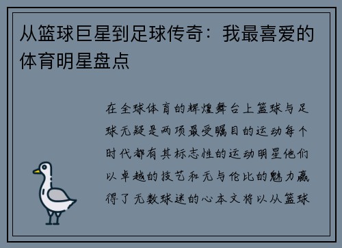 从篮球巨星到足球传奇：我最喜爱的体育明星盘点